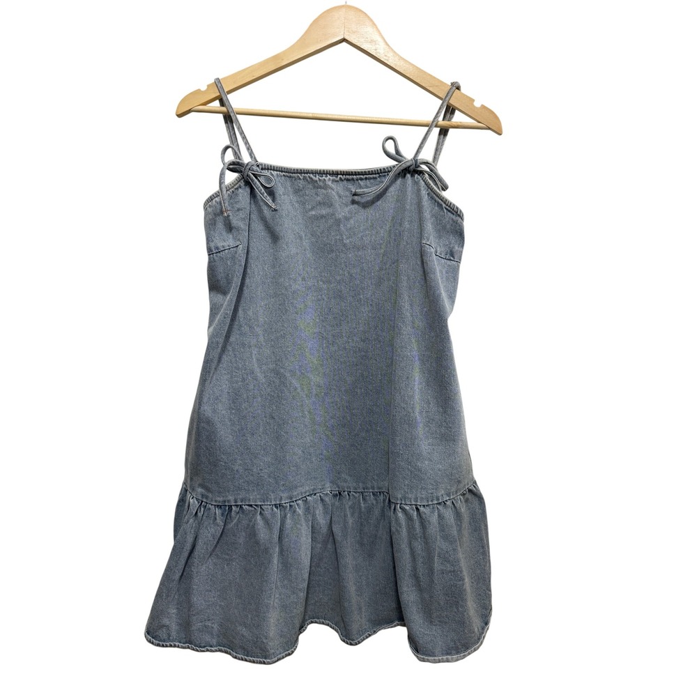 Le Lis Collection Women Light Wash Denim Ruffle Hem Mini Dress Large Tie Strap
